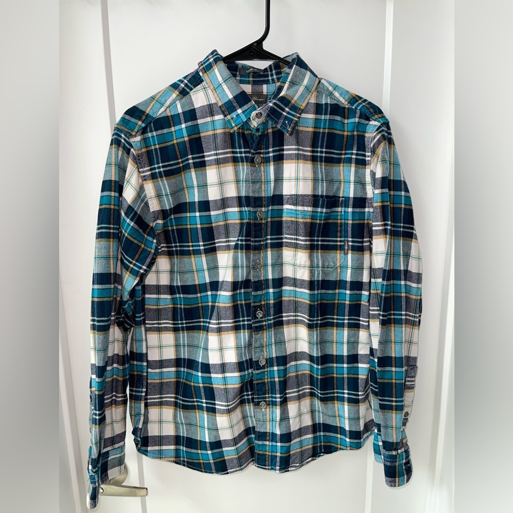 Eddie Bauer Men's Teal and White Plaid Shirt